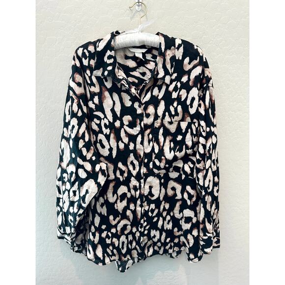 H&M | Plus Size Black Tan Leopard Print Linen Contemporary Oversized Shirt | XXL - Picture 1 of 7